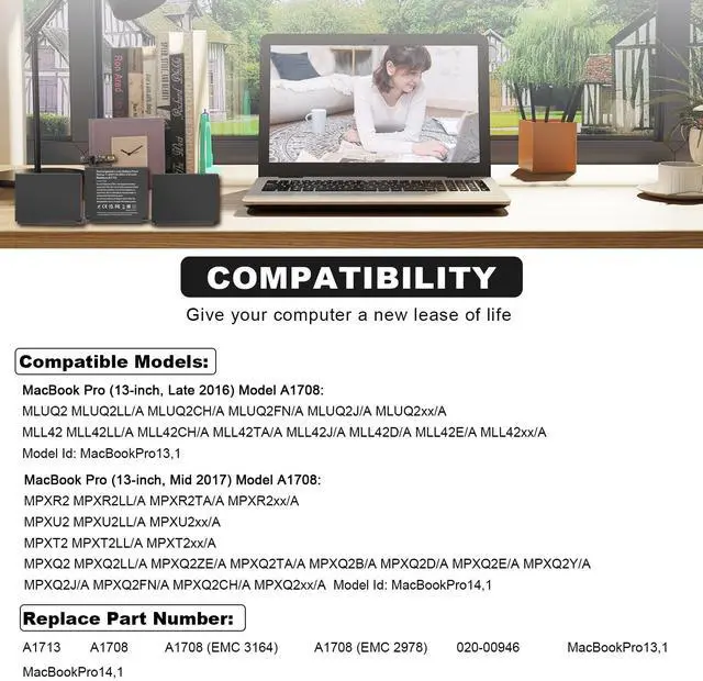 Alt view image 3 of 5 - A1708 A1713 Laptop Battery Replacement for MacBook Pro 13 Inch A1708 (Late 2016, Mid 2017, Mid 2019, 2020), EMC 2978 3164, A2171 Battery for MacBook Pro 13 Inch A2159 (2019) A2289 (2020) A2338 (2020)