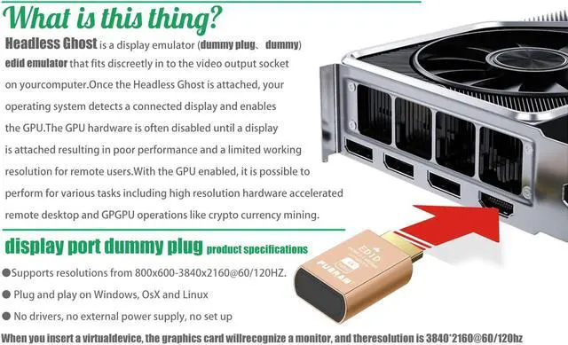 Alt view image 5 of 5 - FUERAN HDMI 2.1 Dummy Plug 4K@120Hz Virtual Display Emulator, Headless Adapter, HDMI Display Adapter, Supports 3840x2160@120Hz, 1440P@120Hz, 1080P@120Hz, EDID Emulator for GPU/Remote Desktop