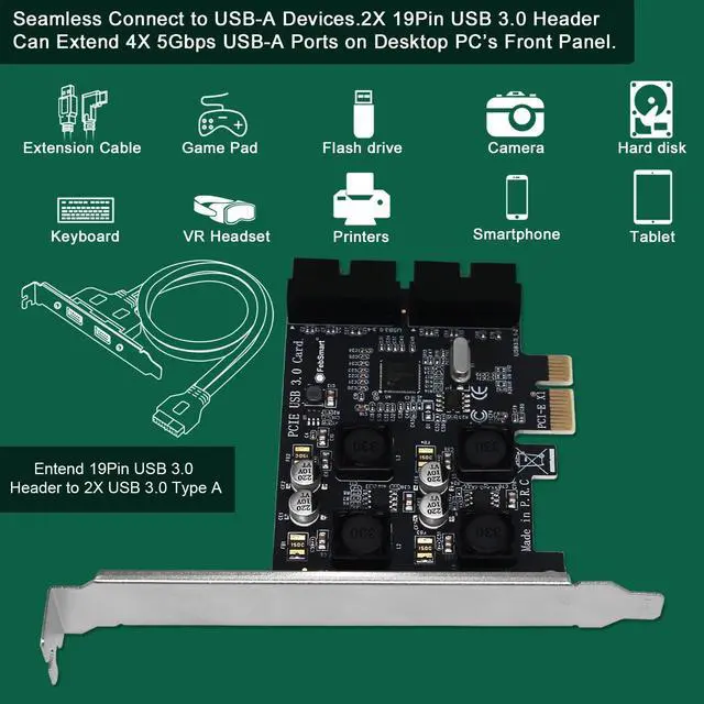 Alt view image 4 of 5 - FebSmart 2X 19Pin USB 3.0 Header Ports PCIE USB 3.0 5Gbps Expansion Card for Windows and Linux Desktop PCs, Built in FebSmart Self-Powered Technology, No Need Additional Power Supply (FS-H2-Pro)