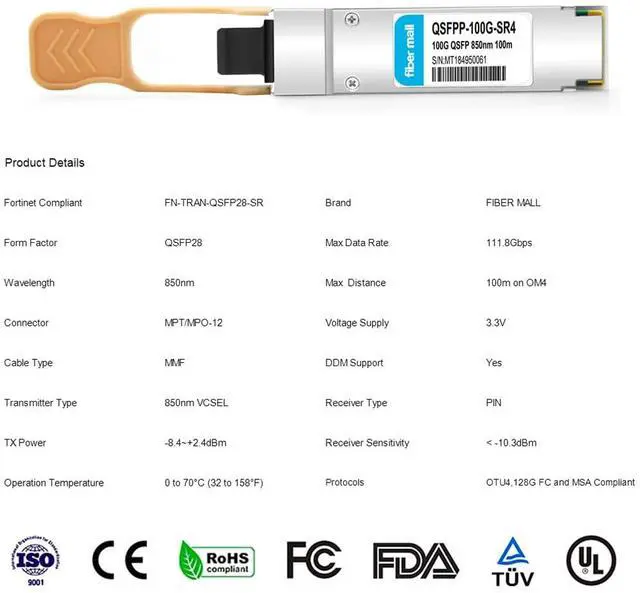 Alt view image 2 of 5 - 100G QSFP28 SR4 for Fortinet FN-TRAN-QSFP28-SR 100GBASE-SR4 QSFP28 850nm 100m DOM MTP/MPO DOM Optical Transceiver Module