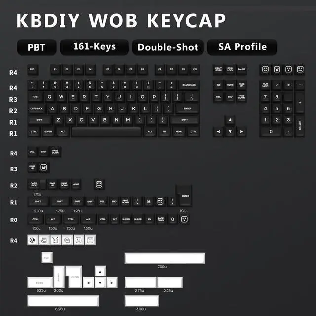 Alt view image 2 of 5 - KBDiy WOB PBT Double Shot Keycap Set,160 Keys Black and White Custom Key Caps Similar to SA Profile Keycaps 60 Percent Cute Keycaps for 61/64/68/84/87/100/104/108 Mechanical Keyboard
