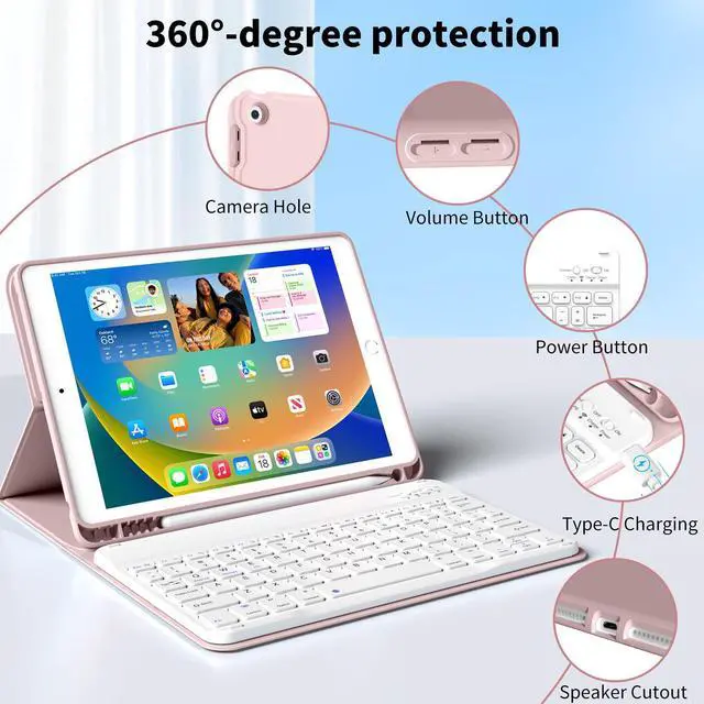 Alt view image 2 of 5 - kenke Keyboard Case for iPad 9th Generation 2021/8th/7th Gen 2020/2019 10.2 Inch, Detachable Wireless Bluetooth with Pencil Holder Keyboard Case, Soft TPU Back Cover for iPad 9/8/7th Gen, Pink