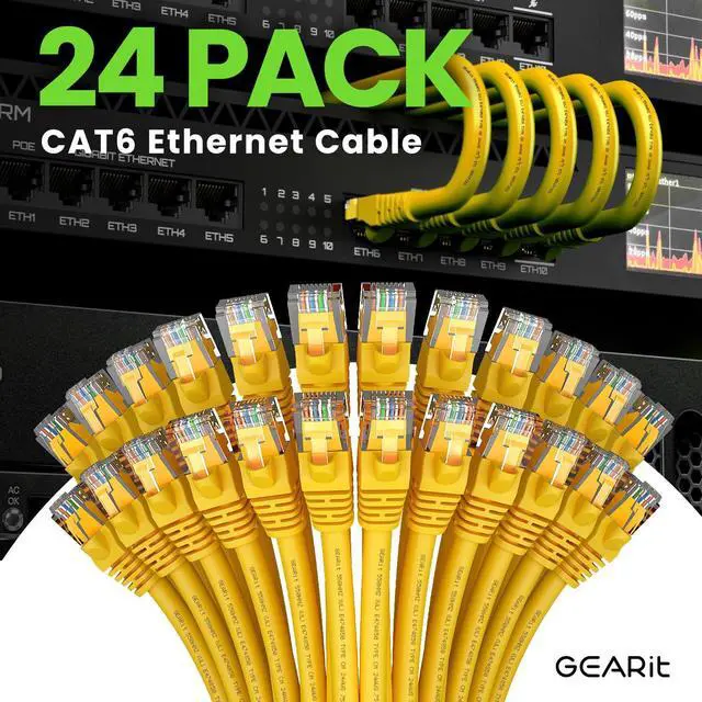 Alt view image 2 of 5 - GearIT Cat 6 Ethernet Cable (24-Pack 3 Feet) Cat6 Network Patch, 10Gbps, RJ45, Snagless Cord, Gold-Plated Connectors, Internet for PC, TV, Tablet, Router, Printer, Servers, IT Data Center - Yellow
