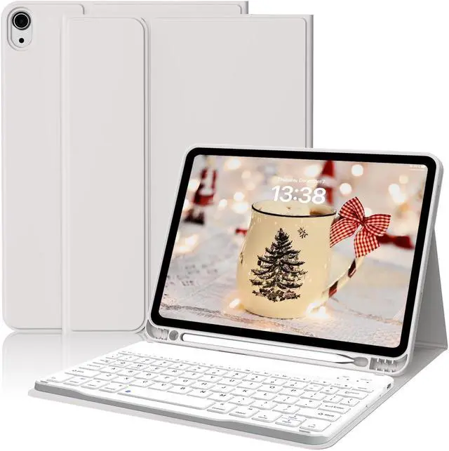 Main image of kenke Keyboard Case for iPad Air 11 Inch (M3/M2) 2025/2024, iPad Air 5th/4th Generation 10.9 Inch 2022/2020, Stand Folio Slim Cover with Pencil Holder, Detachable Wireless Keyboard, Gray White