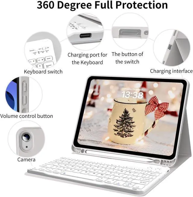 Alt view image 4 of 5 - kenke Keyboard Case for iPad Air 11 Inch (M3/M2) 2025/2024, iPad Air 5th/4th Generation 10.9 Inch 2022/2020, Stand Folio Slim Cover with Pencil Holder, Detachable Wireless Keyboard, Gray White