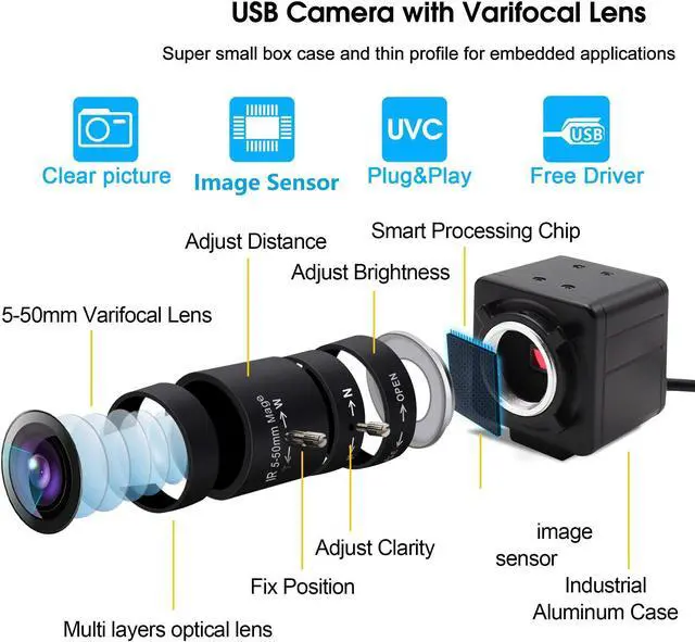 Alt view image 4 of 5 - Hotpet 2MP Webcam 5-50mm Varifocal Lens USB Camera HD 1080P High Speed VGA 100fps USB Webcamera CMOS OV2710 Sensor Industrial Camera with Aluminum Case Play & Plug Free Drive OTG