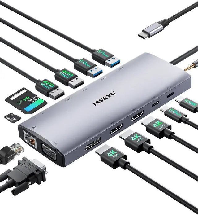 Main image of USB C Docking Station Dual Monitor,14 in 1 laptop Docking Station 3 Monitor Quad Display USB C Hub Multiport Adapter with 2HDMI 4K+DP+VGA+Ethernet+6USB+100W PD+SD/TF+Audio,USBC Dock for Windows Laptop