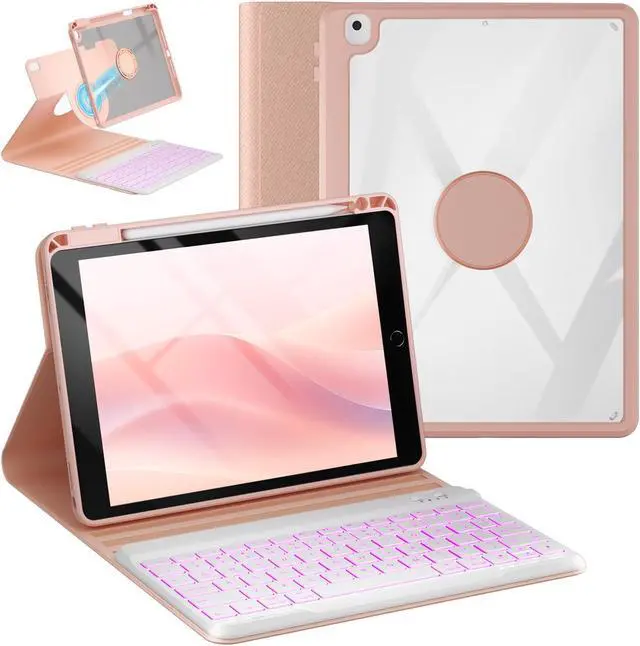 Main image of OYEEICE Keyboard Case for iPad 9th/8th/7th Generation 10.2 inch 2021/2020/2019, iPad Pro 10.5-inch, iPad Air 3 2019- Rotating Magnetic Clear Cover with Detachable Wireless Backlit Keyboard - Pink