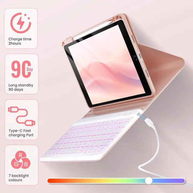 Alt view image 4 of 5 - OYEEICE Keyboard Case for iPad 9th/8th/7th Generation 10.2 inch 2021/2020/2019, iPad Pro 10.5-inch, iPad Air 3 2019- Rotating Magnetic Clear Cover with Detachable Wireless Backlit Keyboard - Pink