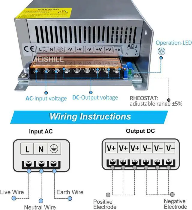Alt view image 5 of 5 - 12V 100A 1200W DC Switching Power Supply Adapter PSU AC-DC 12Volt Industrial Transformer Converter 0-80/50amps LED Drive Lamp Meter Semiconductor Motor Pump Winch Stereos Amplifier Fan SMPS 110V/220V