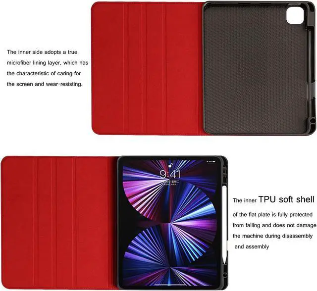Alt view image 4 of 5 - NANRUIL for Ipad Pro 11-inch 4th/3rd/2nd/1st Generation Case Genuine Leather Cover Protective Shell for 2022/2021/2020/2018,Built-in Pencil Holder and Auto Wake/Sleep.Red