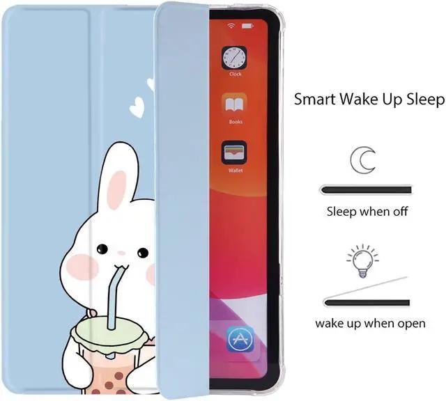 Alt view image 3 of 5 - Cute Kawaii Bunny for iPad Air5/Air4 Case with Pencil Holder, Auto Sleep/Wake, Blue Leather with Clear Soft TPU Back Cover for iPad 10.9 Inch 2022