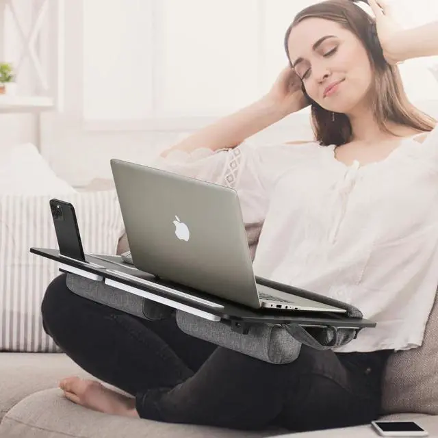 Alt view image 3 of 5 - OMUMUO Laptop Desk,2 in 1 Lap Desk with Cushion 17 inch Laptop,Folding Table with Mouse pad Card Slot for iPad Mobile Phone Lap Desk for Bed Couch Bed Tray for Working Wooden Table for Reading