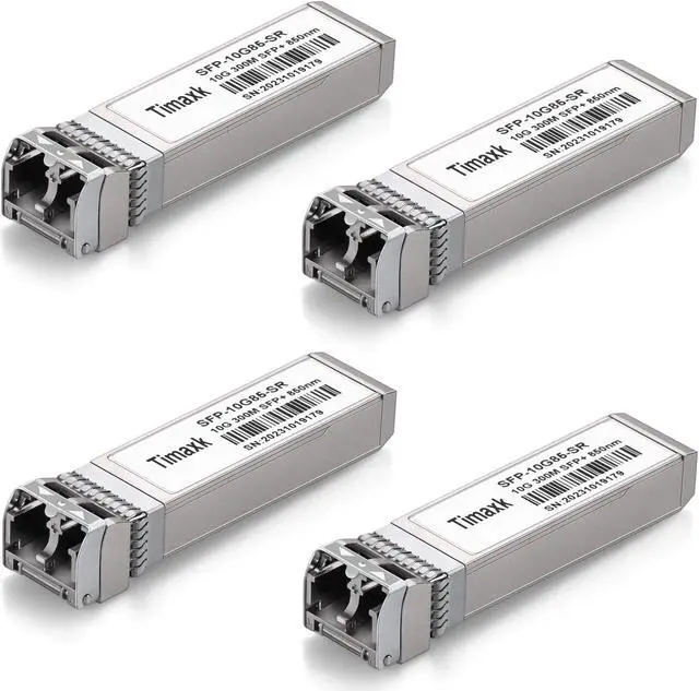 Main image of Timaxk 4Pack 10GBase-SR SFP+ Transceiver, SFP Multi-Mode Fiber LC Module, 10G 850nm MMF up to 300 Meters, Compatible with Cisco, Ubiquiti, Mikrotik, D-Link, Netgear, Qnap, Linksys and More