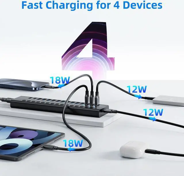 Alt view image 3 of 5 - Powered USB 3.0 Hub, 16-Port USB C Hub Splitter (10 USB 3.0+2 QC 3.0+2 Smart Charging+2 USB-C 3.0) with Individual Switches, 12V 7.5A 90W UL Certified Power Adapter for Laptop, Mac, PC, Computer