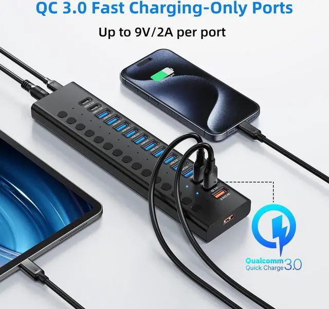 Alt view image 4 of 5 - Powered USB 3.0 Hub, 16-Port USB C Hub Splitter (10 USB 3.0+2 QC 3.0+2 Smart Charging+2 USB-C 3.0) with Individual Switches, 12V 7.5A 90W UL Certified Power Adapter for Laptop, Mac, PC, Computer