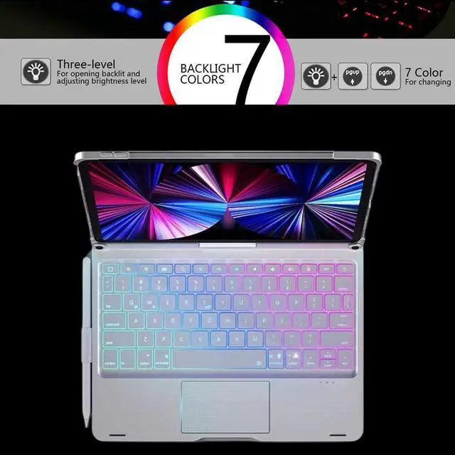 Alt view image 4 of 5 - Touchpad Keyboard Case for iPad (A16) 11th Gen 2025/iPad 10th Generation 2022, Backlit Trackpad Keyboard Folio Smart 360° Rotatable Stand Cover with Pencil Holder, Black