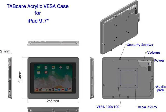 Alt view image 3 of 5 - TABcare Anti-Theft Acrylic VESA Enclosure for Apple iPad 5/6 9.7" with Free Wall Mount Kit & 90-Degree Angle Charge Cable (iPad 5/6 9.7", Black)