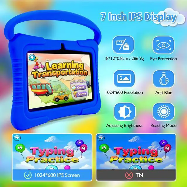 Alt view image 4 of 5 - Veidoo Kids 7" Android Tablet PC, 2GB RAM, 32GB ROM, Safety Eye Protection, WiFi, Dual Camera, Games, Parental Control APP, Silicone Case (Dark Blue)