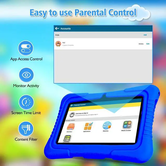 Alt view image 5 of 5 - Veidoo Kids 7" Android Tablet PC, 2GB RAM, 32GB ROM, Safety Eye Protection, WiFi, Dual Camera, Games, Parental Control APP, Silicone Case (Dark Blue)