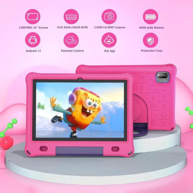 Alt view image 2 of 5 - VOLENTEX 10 Inch Kids Tablet with Case, 10 Inch Android Tablet for Kids, 6GB RAM 64GB ROM, Parental Control, Educational Games Pre-Installed, Dual Camera, 6000mAh, Bluetooth (Pink)