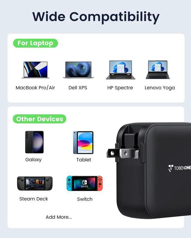 Alt view image 3 of 5 - 100W USB C Laptop Charger, Universal GaN III Power Supply Adapter, Replacement Foldable Fast Charger PD3.0 for MacBook Pro/Air, HP, Lenovo, Asus, Steam Deck, and All Type C Devices (5ft Cable)