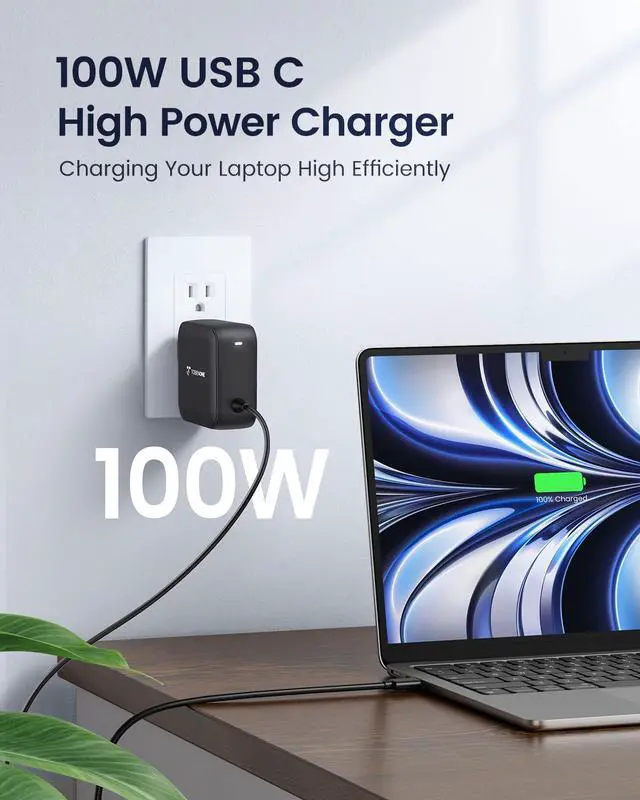 Alt view image 2 of 5 - 100W USB C Laptop Charger, Universal GaN III Power Supply Adapter, Replacement Foldable Fast Charger PD3.0 for MacBook Pro/Air, HP, Lenovo, Asus, Steam Deck, and All Type C Devices (5ft Cable)