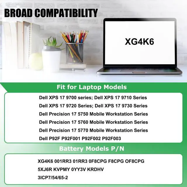Alt view image 3 of 5 - RHKRKQN XG4K6 Laptop Battery Replacement for Dell XPS 17 9700 9710 9720 9730 Precision 5750 5760 5770 Series P92F P92F001 P92F002 P92F003 01RR3 F8CPG OF8CPG 5XJ6R KVPMY 0YY3V KRDHV 11.4V 97Wh 8071mAh