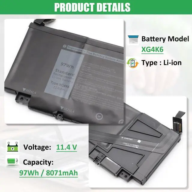 Alt view image 2 of 5 - RHKRKQN XG4K6 Laptop Battery Replacement for Dell XPS 17 9700 9710 9720 9730 Precision 5750 5760 5770 Series P92F P92F001 P92F002 P92F003 01RR3 F8CPG OF8CPG 5XJ6R KVPMY 0YY3V KRDHV 11.4V 97Wh 8071mAh