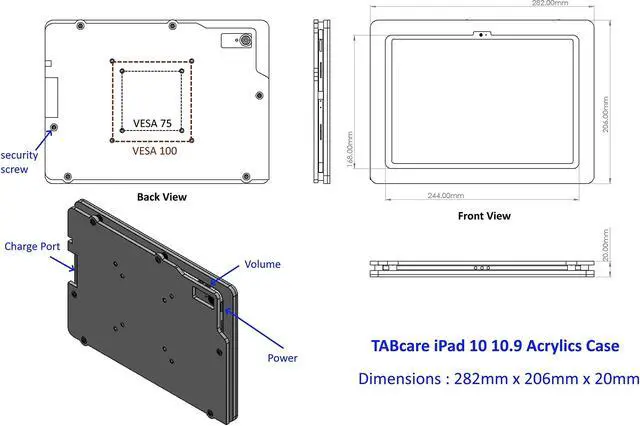Alt view image 3 of 5 - TABcare Anti-Theft Acrylic VESA Enclosure Made for Apple iPad 10 10.9" 2022, iPad 11 11" 2025 with Low Profile Wall Mount Kit & 90-Degree Angle USB C Charge Cable (Black)