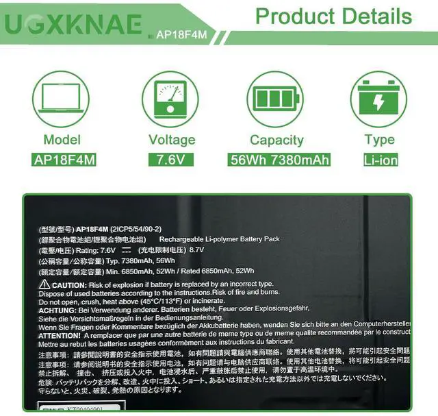 Alt view image 2 of 5 - UGXKNAE AP18F4M Laptop Battery Compatible with Acer Chromebook 714 CB714 Chromebook 715 CB715 Series Notebook 2ICP5/54/90-2 7380mAh 56Wh 7.6V