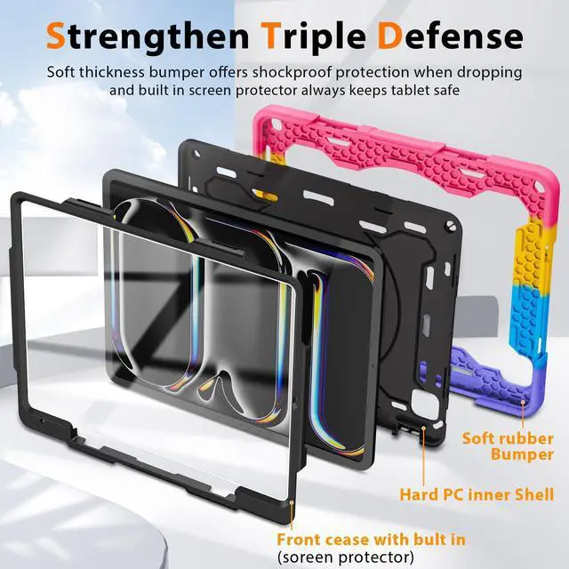 Alt view image 4 of 5 - ROISKIN for iPad Pro 13 Inch Case M4 7th Generation for Kids with 360 Kickstand Handle, HD Screen Protector,Shoulder Strap,Pen Holder [15FT Drop Protection] Heavy Duty Military Case for iPad Pro 13