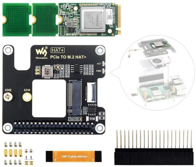 Main image of Waveshare Hailo-8 M.2 AI Accelerator Module, Compatible with Raspberry Pi 5, Supports Linux/Windows Systems, Based On The 26TOPS Hailo-8 AI Processor, Comes with PCIe to M.2 Adapter Board