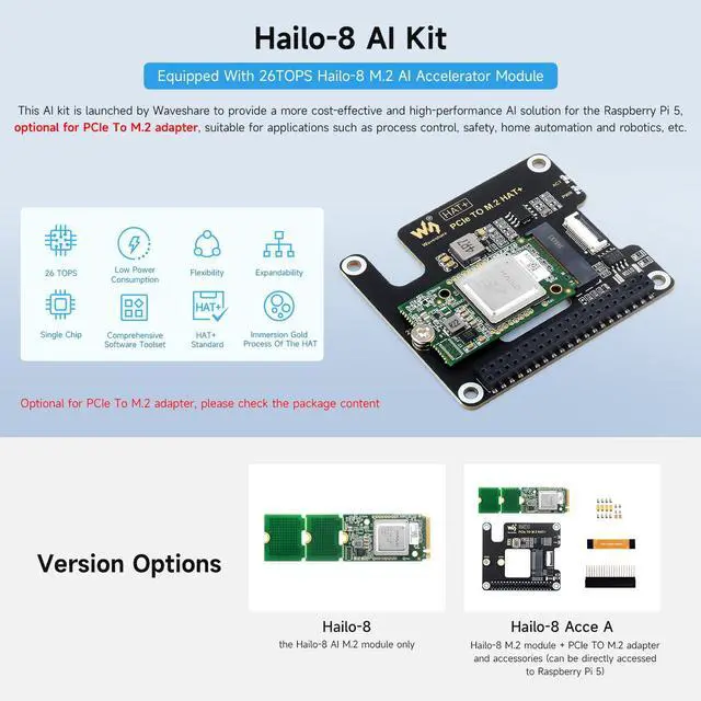 Alt view image 3 of 5 - Waveshare Hailo-8 M.2 AI Accelerator Module, Compatible with Raspberry Pi 5, Supports Linux/Windows Systems, Based On The 26TOPS Hailo-8 AI Processor, Comes with PCIe to M.2 Adapter Board