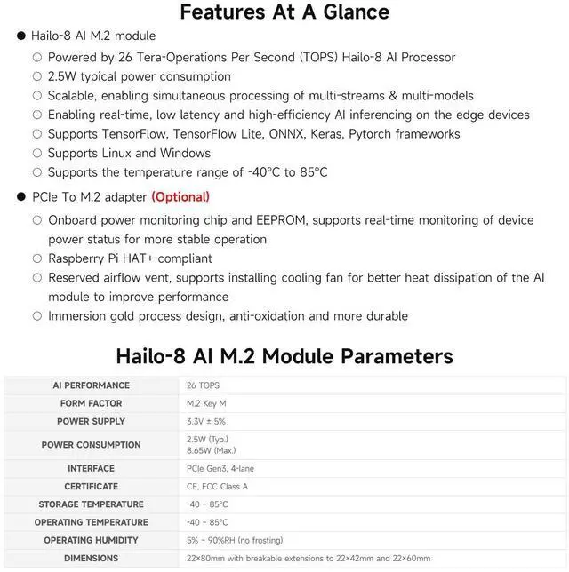Alt view image 4 of 5 - Waveshare Hailo-8 M.2 AI Accelerator Module, Compatible with Raspberry Pi 5, Supports Linux/Windows Systems, Based On The 26TOPS Hailo-8 AI Processor, Comes with PCIe to M.2 Adapter Board