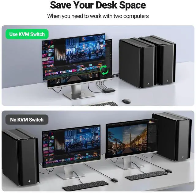 Alt view image 4 of 5 - UGREEN KVM Switch 1 Monitor 2 Computers, Share 4 USB Ports, HDMI KVM Switch for Keyboard Mouse Printer to One Monitor Bundle with 8K HDMI 2.1 Cable Certified 6.6FT Ultra High Speed Cord