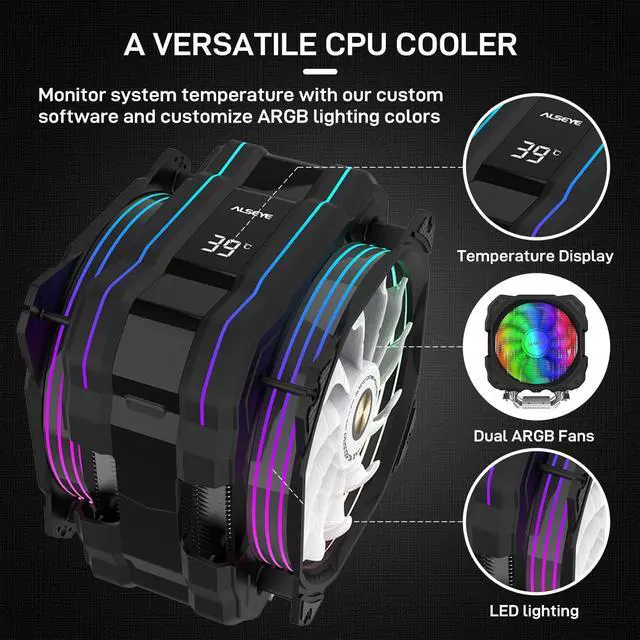 Alt view image 2 of 5 - ALSEYE M120D Plus CPU Cooler with Temperature Display, Dual ARGB & PWM Fans, 6 Copper Heat Pipes - Compatible with Intel LGA1700/1200/115X/2011/2066/1366 and AMD AM4/AM5 - Easy Installation - Black