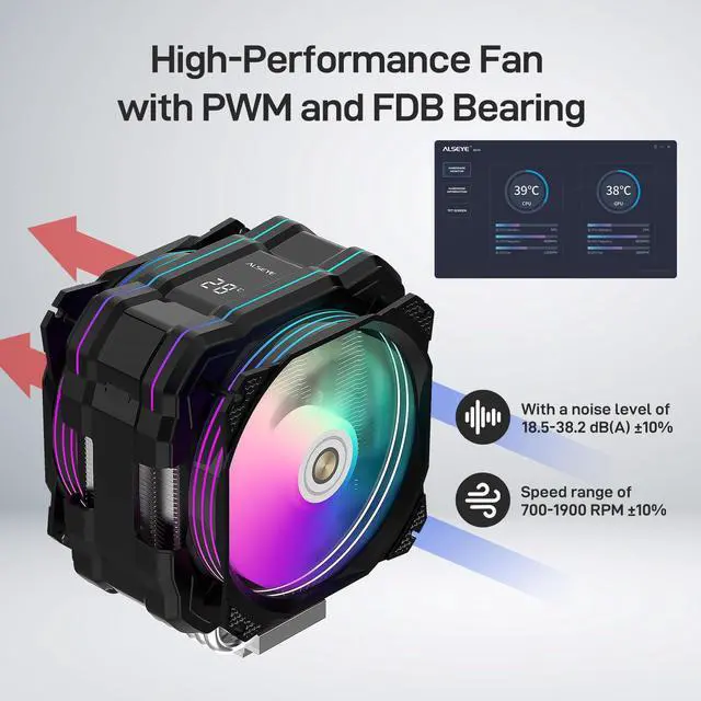 Alt view image 4 of 5 - ALSEYE M120D Plus CPU Cooler with Temperature Display, Dual ARGB & PWM Fans, 6 Copper Heat Pipes - Compatible with Intel LGA1700/1200/115X/2011/2066/1366 and AMD AM4/AM5 - Easy Installation - Black
