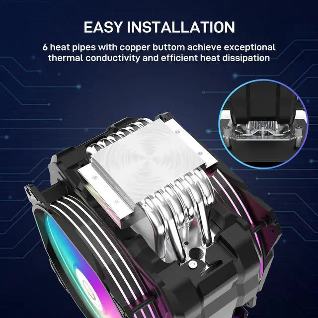 Alt view image 3 of 5 - ALSEYE M120D Plus CPU Cooler with Temperature Display, Dual ARGB & PWM Fans, 6 Copper Heat Pipes - Compatible with Intel LGA1700/1200/115X/2011/2066/1366 and AMD AM4/AM5 - Easy Installation - Black