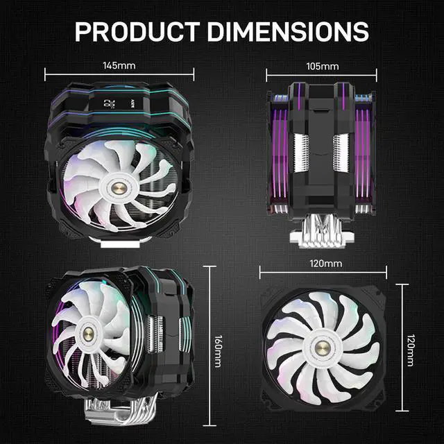 Alt view image 5 of 5 - ALSEYE M120D Plus CPU Cooler with Temperature Display, Dual ARGB & PWM Fans, 6 Copper Heat Pipes - Compatible with Intel LGA1700/1200/115X/2011/2066/1366 and AMD AM4/AM5 - Easy Installation - Black
