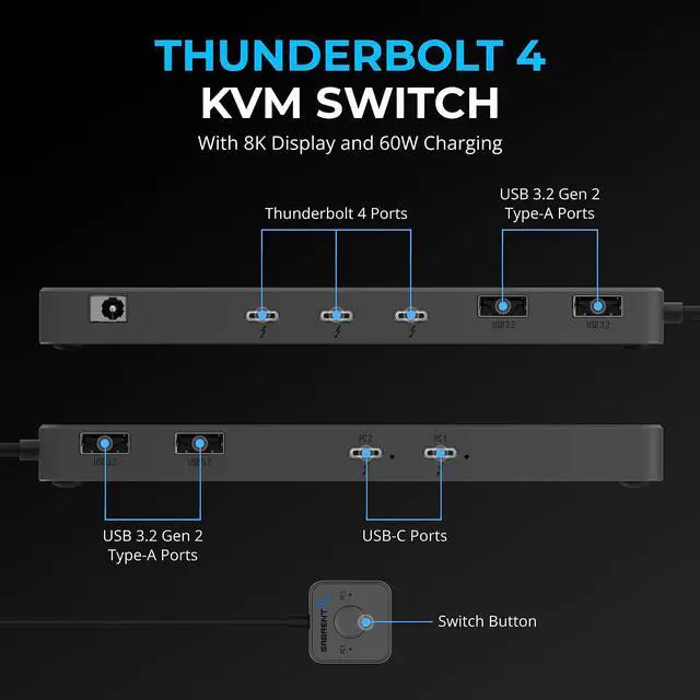 Alt view image 2 of 5 - SABRENT Thunderbolt 4 KVM Switch, Peripheral Sharing with 3X Thunderbolt 4 USB C 40Gbps, 2X USB-C Charging 60W (PD 3.0) | 4X USB Type A 3.2x2 10Gbps | Supports 4K@144Hz / 8K@60Hz DSC (SB-TB4K)