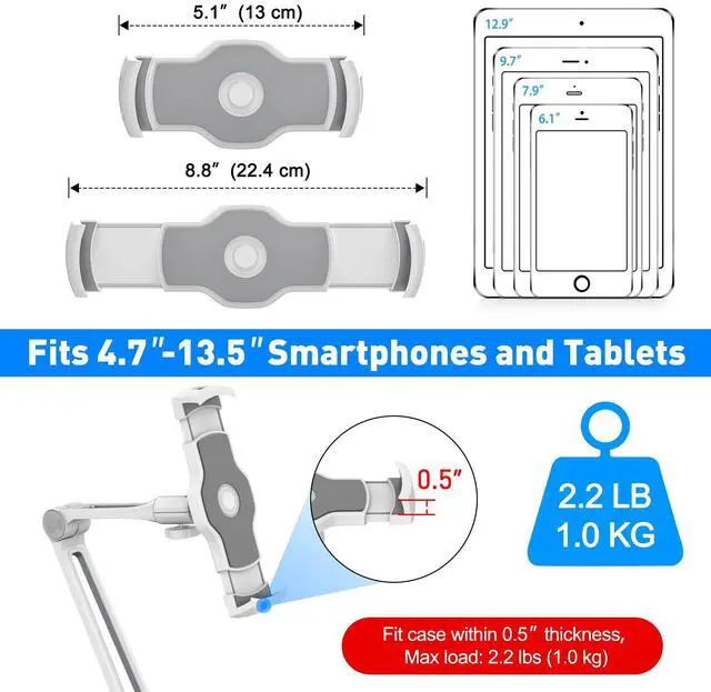 Alt view image 2 of 5 - AboveTEK iPad Desk Mount, Multi-Angle Adjustable Tablet Clamp Holder, 360° Swivel Arm Aluminum Tablets Stand, Fits 4"-11" Tablet/Phone/iPad mini for Home Office Kitchen Bedside (White)