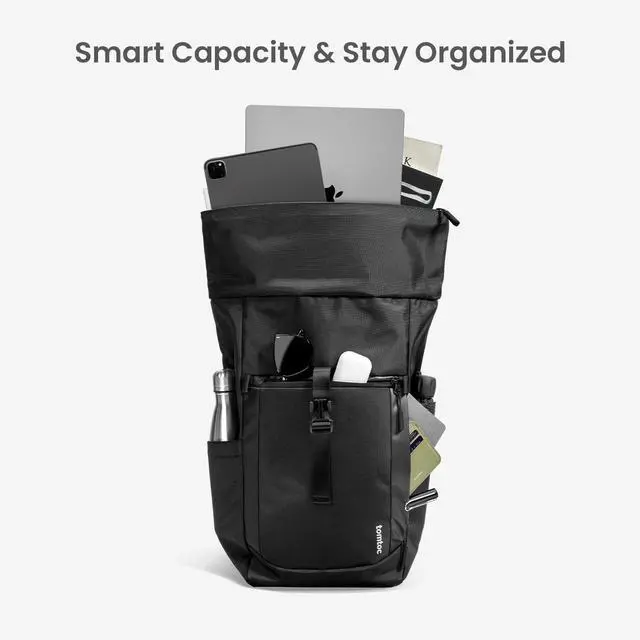 Alt view image 3 of 5 - tomtoc Rolltop Laptop Backpack, Water-Resistant Travel Backpack Commute Expandable Casual Daypack for 13-17.3 inch Laptop, Rucksack for Work College Trip, Capacity Adjustable 25-30L, Black