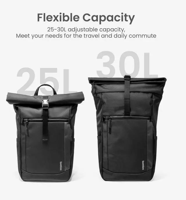 Alt view image 5 of 5 - tomtoc Rolltop Laptop Backpack, Water-Resistant Travel Backpack Commute Expandable Casual Daypack for 13-17.3 inch Laptop, Rucksack for Work College Trip, Capacity Adjustable 25-30L, Black