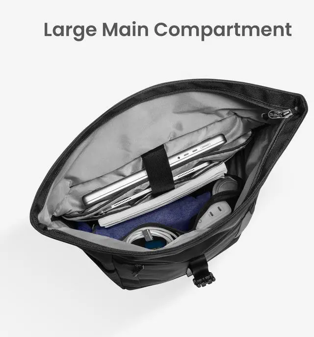 Alt view image 4 of 5 - tomtoc Rolltop Laptop Backpack, Water-Resistant Travel Backpack Commute Expandable Casual Daypack for 13-17.3 inch Laptop, Rucksack for Work College Trip, Capacity Adjustable 25-30L, Black