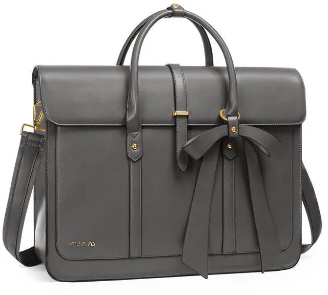 Main image of MOSISO Laptop Bag for Women, 15-15.6 inch PU Leather Laptop Shoulder Bags Convertible Backpack, 16 inch Messenger Bags Casual Handbag Work Briefcase Travel Computer Bag with Bowknot, Gray