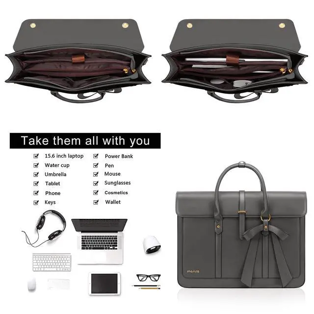 Alt view image 4 of 5 - MOSISO Laptop Bag for Women, 15-15.6 inch PU Leather Laptop Shoulder Bags Convertible Backpack, 16 inch Messenger Bags Casual Handbag Work Briefcase Travel Computer Bag with Bowknot, Gray