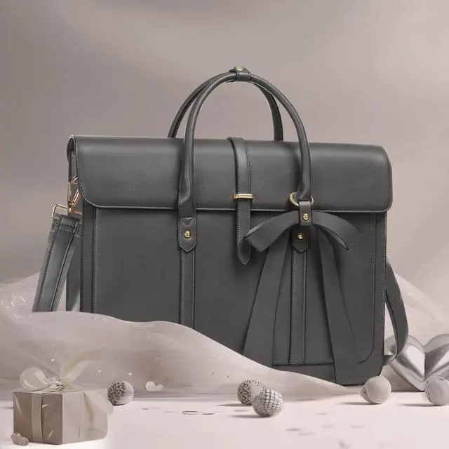 Alt view image 5 of 5 - MOSISO Laptop Bag for Women, 15-15.6 inch PU Leather Laptop Shoulder Bags Convertible Backpack, 16 inch Messenger Bags Casual Handbag Work Briefcase Travel Computer Bag with Bowknot, Gray