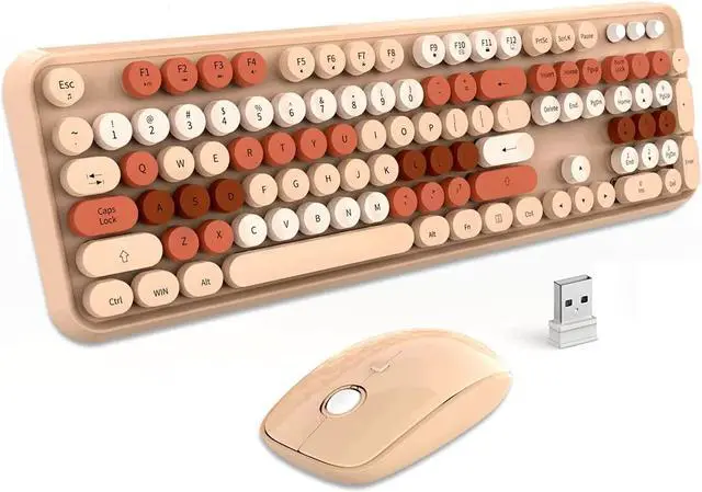 Main image of Wireless Keyboard Mouse Combo, 2.4GHz Typewriter Keyboard Wireless with 104 Cute Colorful Retro Round Keys, Letton Full Size Wireless Keyboard Mouse with 3 DPI for Computer PC Laptop-Brown