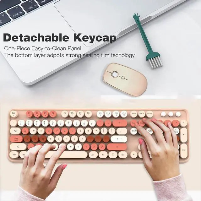 Alt view image 2 of 5 - Wireless Keyboard Mouse Combo, 2.4GHz Typewriter Keyboard Wireless with 104 Cute Colorful Retro Round Keys, Letton Full Size Wireless Keyboard Mouse with 3 DPI for Computer PC Laptop-Brown